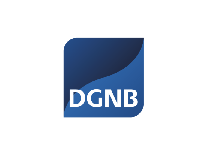 DGNB Logo Gebäudezertifizierung. Weiße Schrift auf blauem Grund.