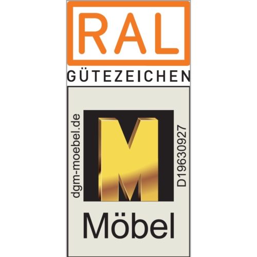 Goldenes M - Prüfzeichen für Möbel. Produktlabel nachhaltiges Bauen. Goldenes M auf schwarzem Grund.