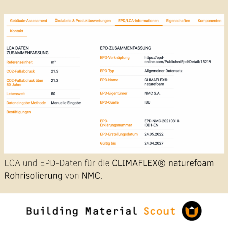 LCA und EPD-Daten für die CLIMAFLEX naturefoam Rohrisolierung von NMC.